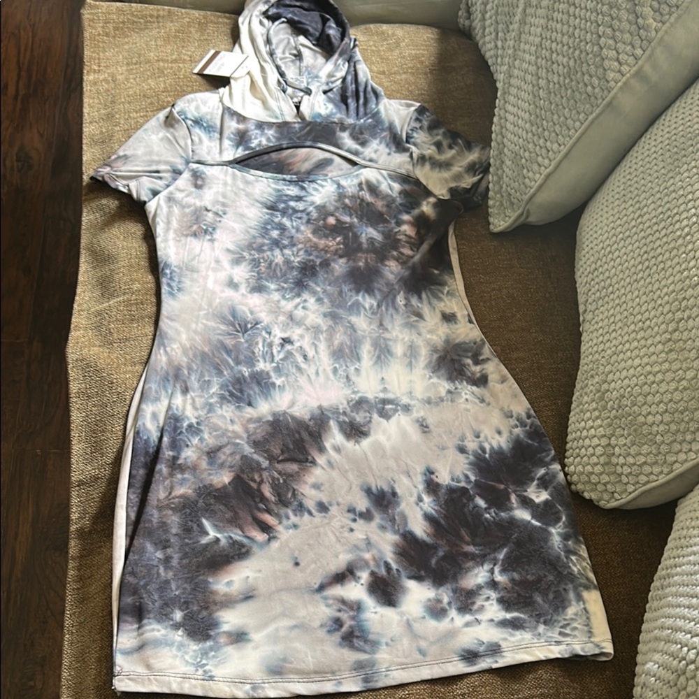 Gray and White Cowl Neck Sheath Mini Dress